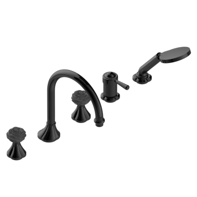 Комплект THG Camelia Black Crystal для ванны/душа на борт на 5 отверстий: кран большого размера, 2 рычага управления 3/4" и ручной душ со смесителем