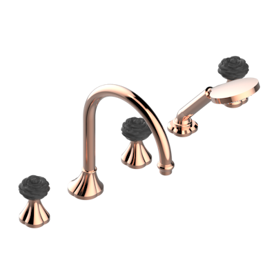 Смеситель  THG Camelia Black Crystal на борту ванны на 5 отверстий с душем, керамическим смесителем, 2 вентилями ¾" и изливом СУПЕР ГОЛИАФ