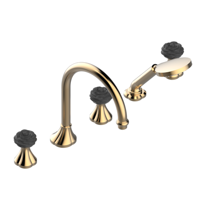 Смеситель  THG Camelia Black Crystal на борту ванны на 5 отверстий с душем, керамическим смесителем, 2 вентилями ¾" и изливом СУПЕР ГОЛИАФ