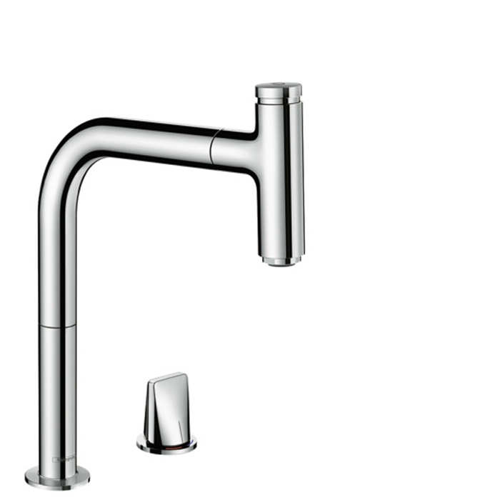 Смеситель для кухни Hansgrohe Metris Select M71 на 2 отв, поворотный излив: 22.1см с вытяжным душем, 1jet, h:20.8см, sBox, кнопка вкл/выкл, цвет: хром купить в Москве: интернет-магазин StudioArdo