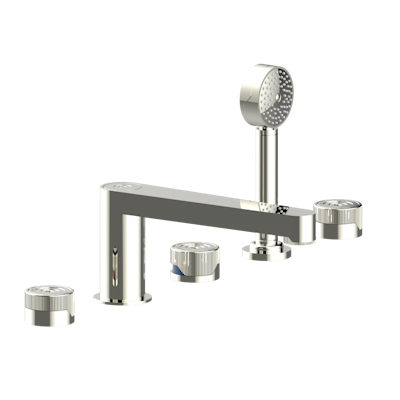 Смеситель THG Zoom.5 на борт ванны на 5 отверстий с душем, керамическим смесителем, 2 вентилями ¾" и изливом СУПЕР ГОЛИАФ