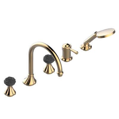 Комплект THG Camelia Black Crystal для ванны/душа на борт на 5 отверстий: кран большого размера, 2 рычага управления 3/4" и ручной душ со смесителем