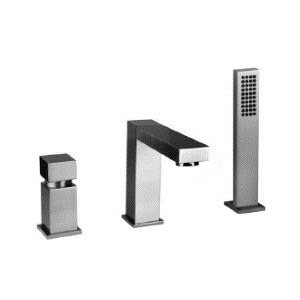 Gessi, Rettangolo, смеситель для ванны на 3 отверстия с переключателем, встроенным в излив, шланг 1,50м, убирающаяся душевая лейкой, Излив 165 мм, отделка сталь 149