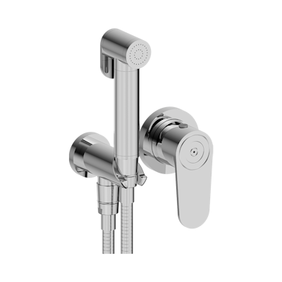 Комплект для душа THG Zoom.5, включающий смеситель, армированный шланг 1 м 25 см, ручной душ с курковым распылителем, выход из стены и предохранительный запорный клапан