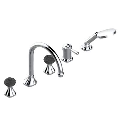 Комплект THG Camelia Black Crystal для ванны/душа на борт на 5 отверстий: кран большого размера, 2 рычага управления 3/4" и ручной душ со смесителем