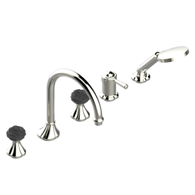 Комплект THG Camelia Black Crystal для ванны/душа на борт на 5 отверстий: кран большого размера, 2 рычага управления 3/4" и ручной душ со смесителем