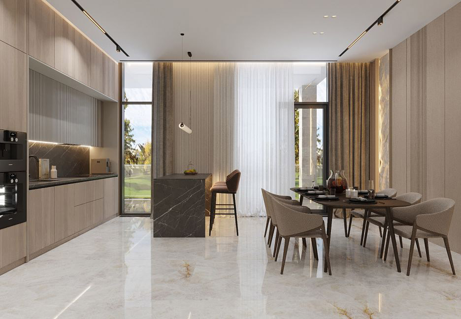 Просторная кухня в бежевых тонах с большим столом