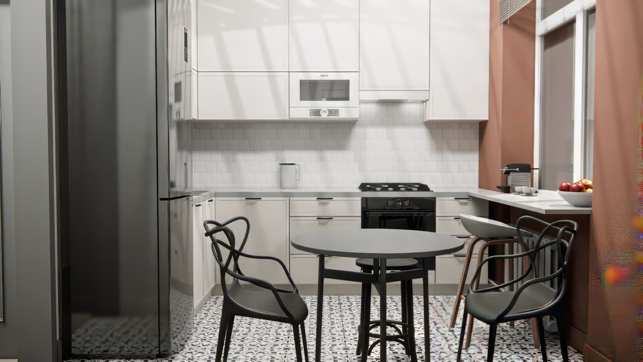 Маленькая кухня с белым гарнитуром и черной мебелью