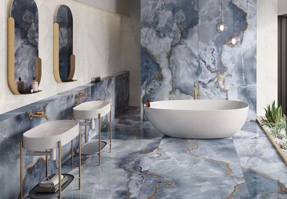 голубой керамогранит в ванной комнате