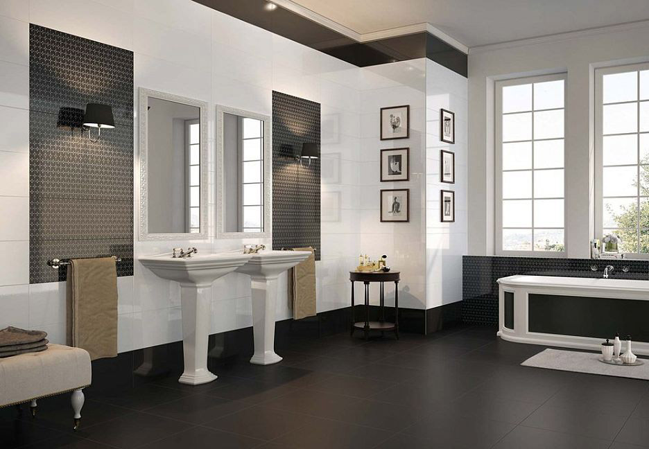 Ванная в черно-белых тонах с двумя раковинами и окном