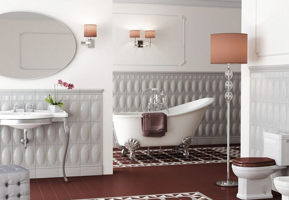 Необычный дизайн ванной в бордово-серых тонах