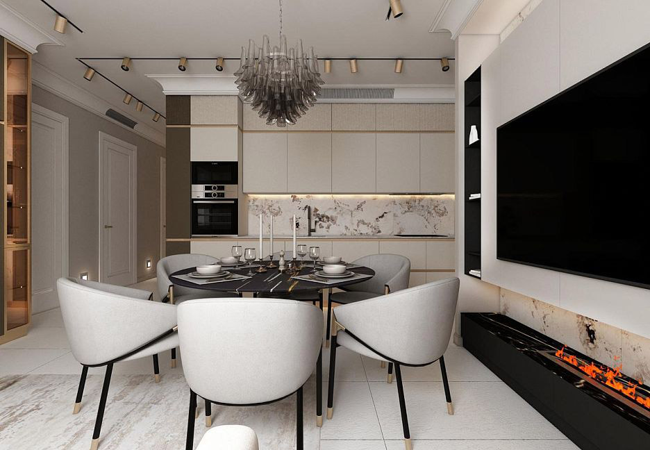 Современная кухня с круглым столом и телевизором
