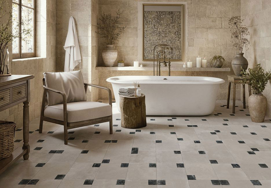 Минималистичная ванная с декоративными элементами и мебелью