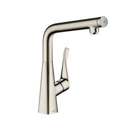 Смеситель для кухни Hansgrohe Metris Select на 1 отв, поворотный излив, кнопка вкл/выкл воды, цвет: сталь купить в Москве: интернет-магазин StudioArdo