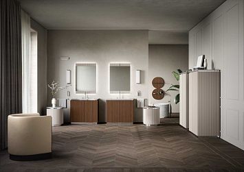 Комплект мебели Oasis Naos напольный, мраморная столешница, bianco carrara, Отделка: Рифленая текстура ореха / Хром