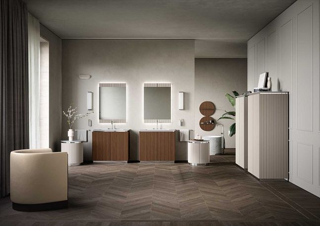 Комплект мебели Oasis Naos напольный, мраморная столешница, bianco carrara, Отделка: Рифленая текстура ореха / Хром