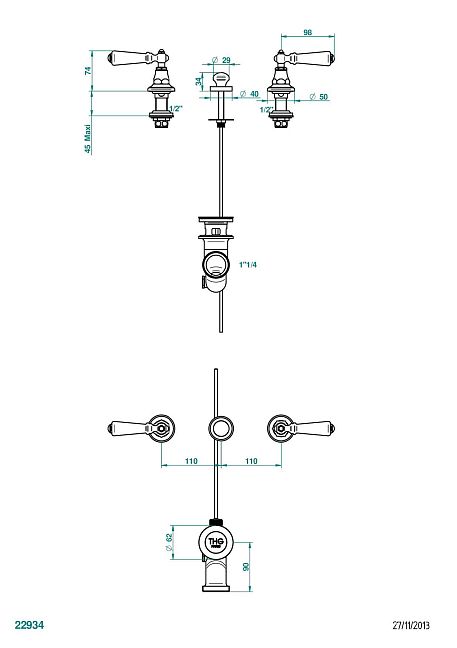 Смеситель для биде  THG 1900 a manettes на 3 отверстия для наполнения через борт с донным клапаном