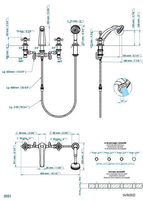 Смеситель THG Charleston для ванны/душа на борт на 4 отверстия с краном большого размера и дивертором, высокий излив