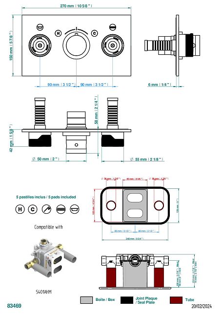 Термостат THG Zoom.5 внешняя часть с ручкой регулировки температуры и двумя маховиками для термостатического смесителя с горизонтальной установкой