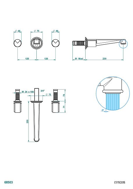 Внешняя часть смесителя THG Le 9 Howlite встраиваемого в стену для раковины на три отверстия с изливом СУПЕР ГОЛИАФ- без выпуска