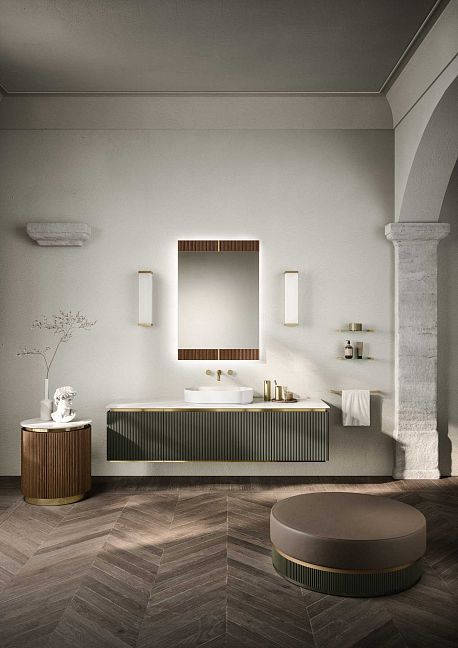 Комплект мебели Oasis Naos, подвесной, мраморная столешница calacatta oro, Отделка: Матовый лакированный цвет "Verde Muschio" / Глянцевое золото