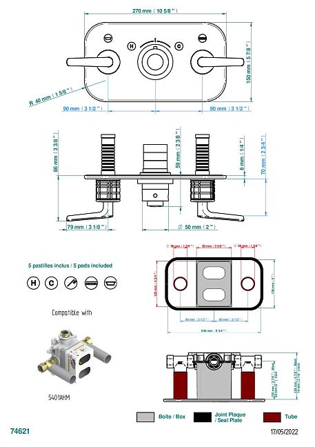 Накладка THG System Cristal a manettes с ручкой регулировки температуры и двумя маховиками для термостатического смесителя с горизонтальной установкой