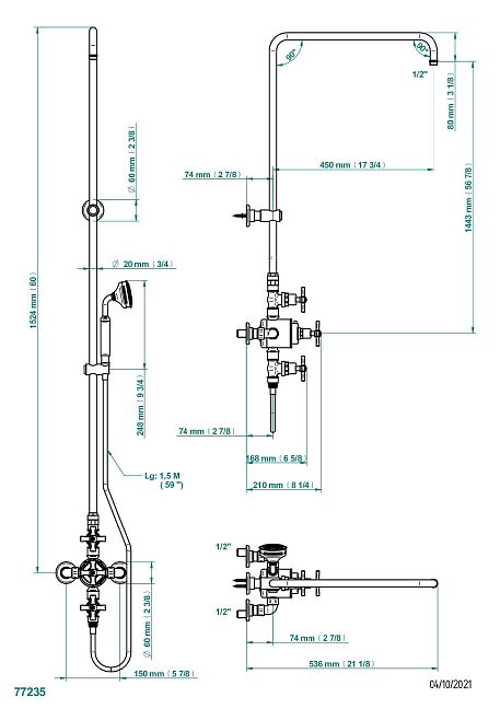 Смеситель  THG Club Saint-Germain термостатический для душа встраиваемый в стену / перекрывающие краны / открытая душевая колонна / душ "телефон", шланг и настенные рожки для лейки - межцентровое расстояние 150 мм. (без верхней лейки)