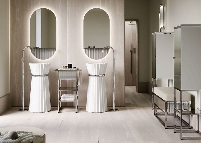 Oasis Academy Комплект: Отдельностоящая раковина Plissé: глянцевая белая керамика / хром / Ø 44 В 95 см, аксессуары