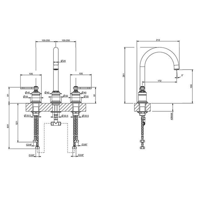 Gessi Venti20 Смеситель для раковины на 3 отверстия, излив 172 мм., , Antique Brass