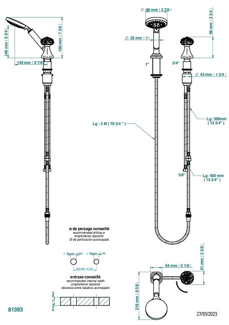 Смеситель THG Camelia Black Crystal на борт с ручным душем с ручкой одновременной регулировки – потока/температуры