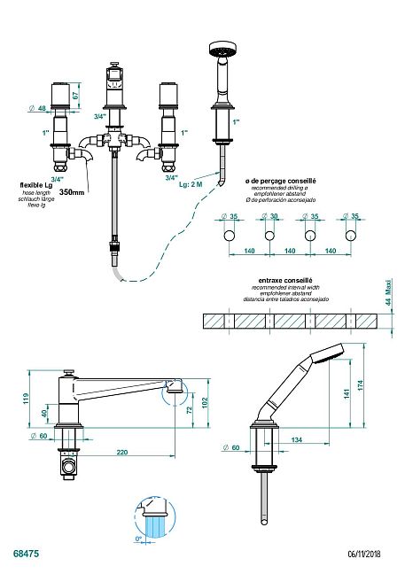 Смеситель THG Le 9 Howlite для ванны набортный на 4 отв. с изливом СУПЕР ГОЛИАФ