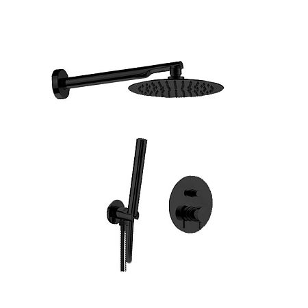 Душевой комплект Kerasan Nolita: смеситель с переключателем, ручная лейка, держатель и верхний душ диаметром 200мм, цвет: черный матовый
