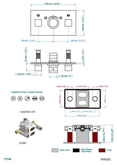 Накладка THG Montaigne marbre Grand Antique с ручкой регулировки температуры и двумя маховиками для термостатического смесителя с горизонтальной установкой