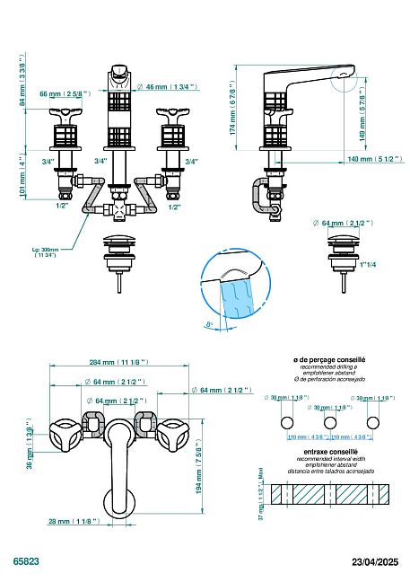 Смеситель THG System Howlite для раковины на три отверстия устанавливаемый на борту с донным клапаном - высокий излив