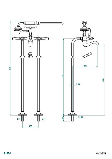 Смеситель THG 1900 a manettes напольный для ванны на два отверстия с душем с вертикальными подводящими стойками Ø 20 мм высота : 700 мм м 3/4" и "T"-элемент крепления - 150 мм между центрами
