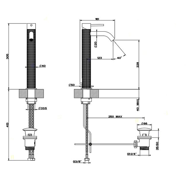 Gessi 316 Смеситель для раковины на 1 отверстие, высокий, h=305мм, с донным клапаном, излив 123мм, steel brushed