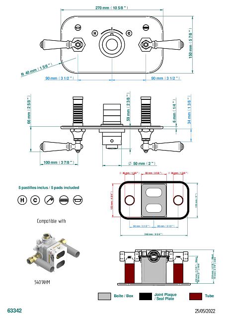Накладка  THG 1900 a manettes с ручкой регулировки температуры и двумя маховиками для термостатического смесителя с горизонтальной установкой