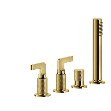 Gessi Inciso Смеситель для ванны на 4 отверстия для наполнения через слив-перелив, переключатель, с ручным душем, золото