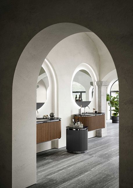 Комплект мебели Oasis Naos, подвесной, мраморная столешница nero marquinia, отделка: рифлёный орех /хром