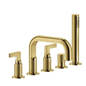 Gessi Inciso Смеситель для ванны на 5 отверстий с изливом, переключателем, ручным душем и шлангом 1,50 м, золото