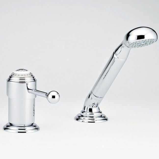 THG Marquise platinum decor Смеситель на борт ванны на 2 отв, однорычажный, без излива, с ручным душем, ручки белые, декор платина, цвет: хром