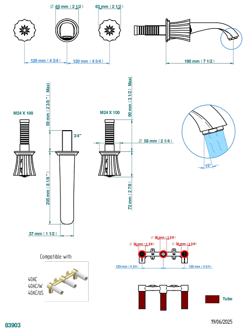 Внешняя часть смесителя  THG Mille Nuits - Brume crystal встраиваемого в стену для раковины на три отверстия с изливом ГОЛИАФ