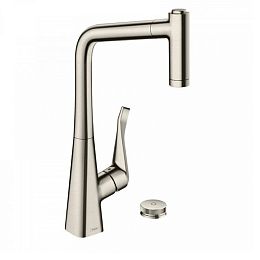 Смеситель для кухни Hansgrohe Metris Select M71 на 2 отв, поворотный излив: 23.6см с вытяжным душем, 2jet, h32см, sBox, кнопка вкл/выкл, цвет: нержавейка купить в Москве: интернет-магазин StudioArdo