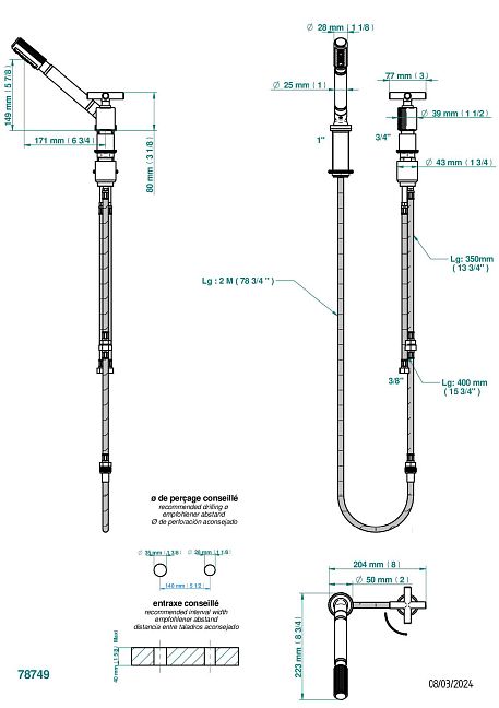 Смеситель  THG Estrela устанавливаемый на борту с ручным душем с ручкой одновременной регулировки – потока/температуры