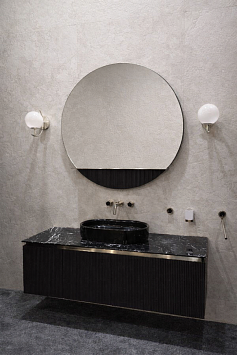 Oasis Naos Комплект: Тумба с выдвиж. ящиком, фасад лак Antracite dark. ARKO Зеркало круглое d-120см. Раковина 60х36см. Столешница L-146см, мрамор Nero Marquinia