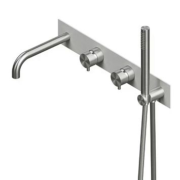 QuadroDesign Source/Ottavo 1369.00AS Группа смесителей из стены на 2 потребителя с изливом, ручным душем, цвет brushed stainless steel