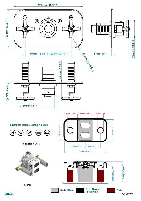 Накладка с ручкой  THG Club Saint-Germain регулировки температуры и двумя маховиками для термостатического смесителя с горизонтальной установкой