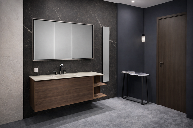 Oasis Axis Комплект: Тумба 105см, модуль 35см с полками, шпон Gold Walnut. Столешница L-140см с раковиной, стекло Castoro. Колонна 20x15xh150см, подвесная. Тумба 40x40xh48см передвижная