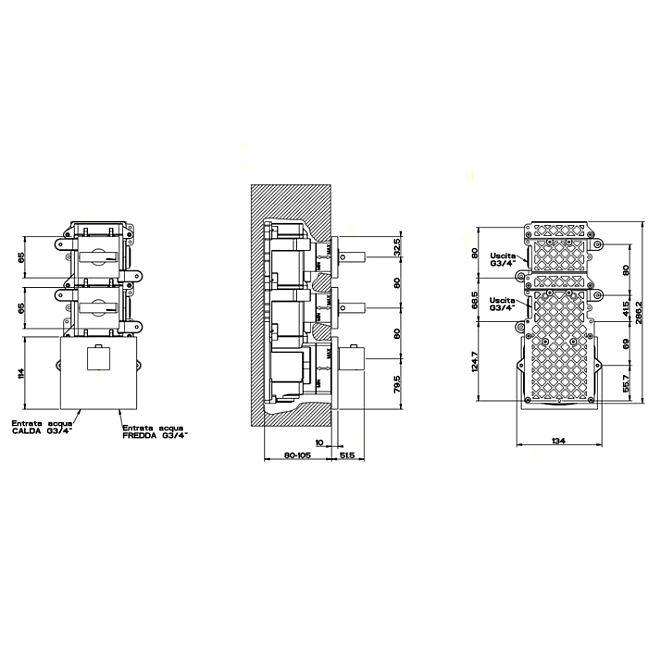 Gessi Rettangolo Встраиваемый термостат, подключение на 3/4, с 2мя независимыми выходами(внешние части), хром