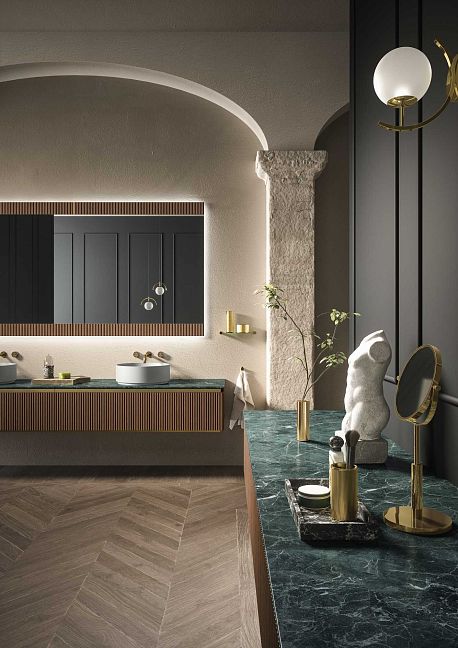 Комплект мебели Oasis Naos, подвесной, мраморная столешница verde alp, Отделка: Рифленая текстура ореха / Сатиновое золото